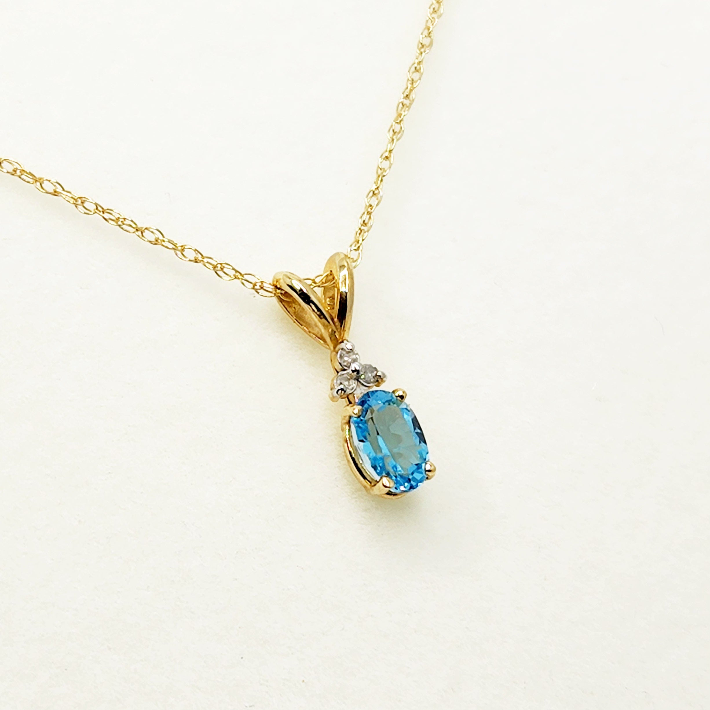 Blue Topaz Pendant | 10K Yellow Gold Blue Topaz 6x4mm With 3 Diamonds Pendant | Gold Blue Topaz Necklace | December Birthstone Necklace