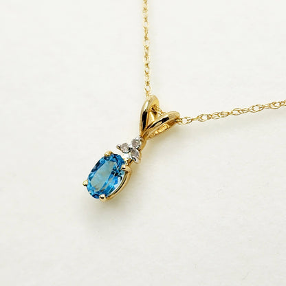 Blue Topaz Pendant | 10K Yellow Gold Blue Topaz 6x4mm With 3 Diamonds Pendant | Gold Blue Topaz Necklace | December Birthstone Necklace