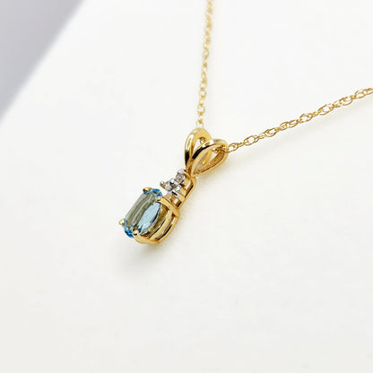 Blue Topaz Pendant | 10K Yellow Gold Blue Topaz 6x4mm With 3 Diamonds Pendant | Gold Blue Topaz Necklace | December Birthstone Necklace
