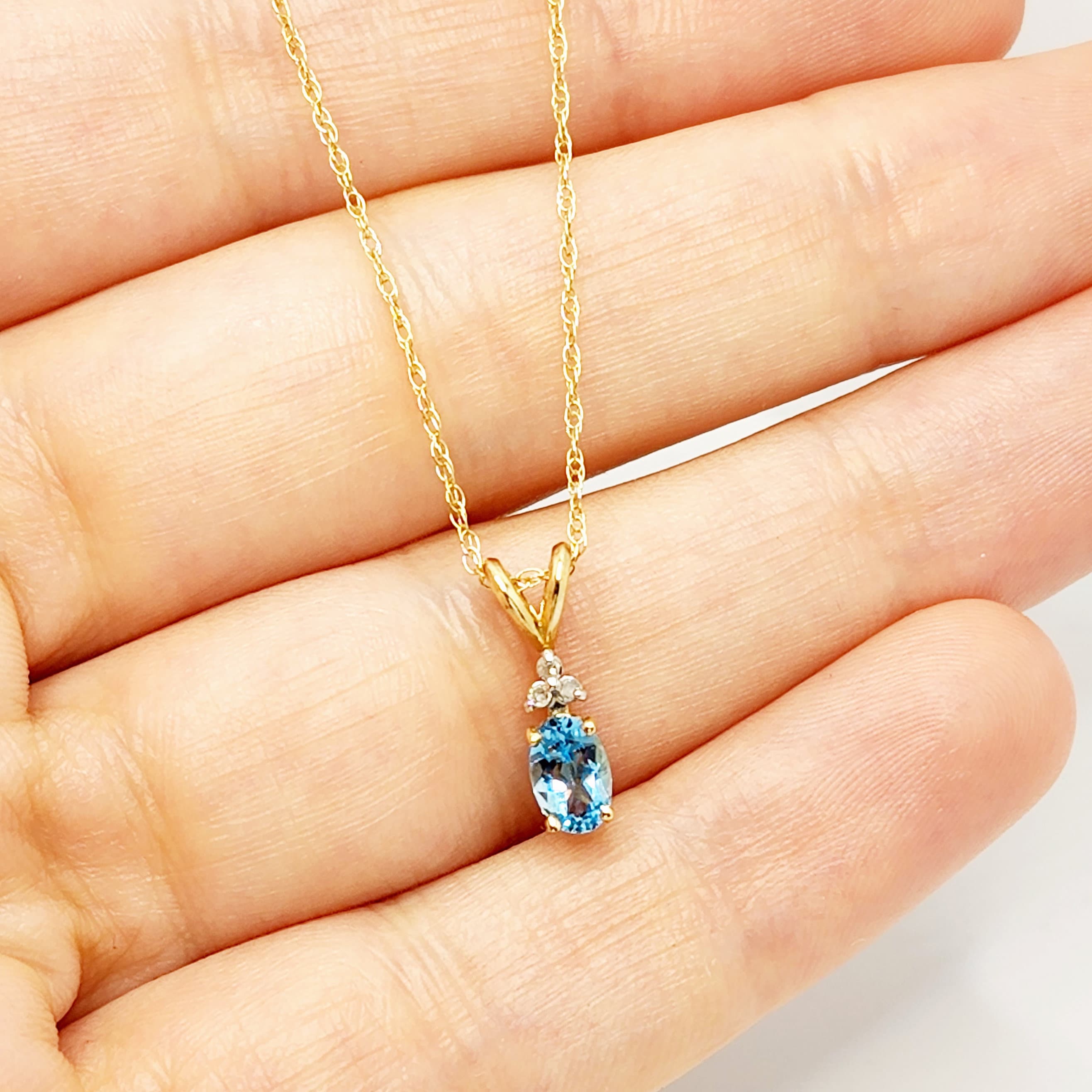 Blue Topaz Pendant | 10K Yellow Gold Blue Topaz 6x4mm With 3 Diamonds Pendant | Gold Blue Topaz Necklace | December Birthstone Necklace