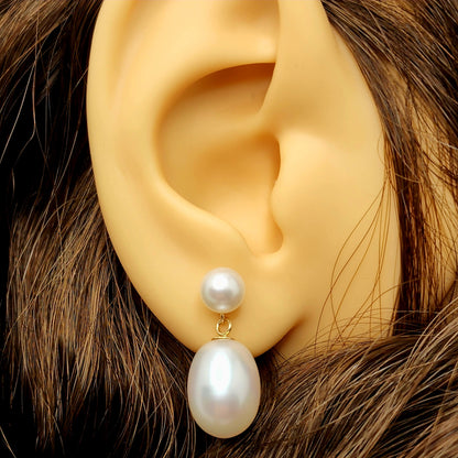 Gold Freshwater Pearl Drop Stud Earrings, 14K Yellow Gold Genuine Pearl Earrings, June Birthstone, Handmade Earrings, Earrings  For Wedding