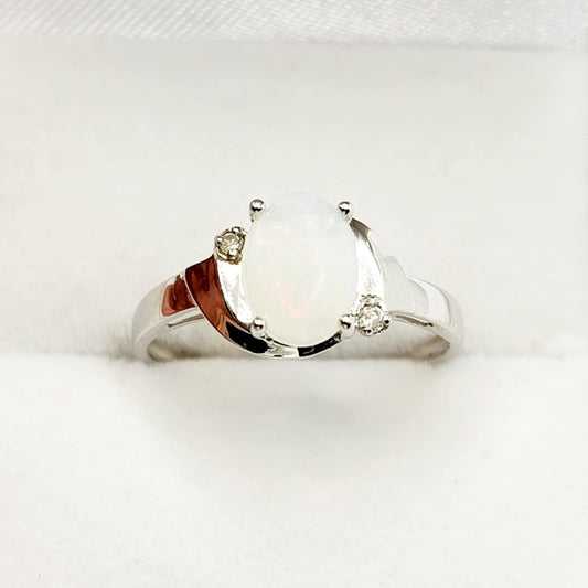 Gold Opal Ring, 10K White Gold Oval Genuine Opal 8x6mm with Diamond Ring, October Birthstone, Gemstone Rings, Engagement Rings For Women