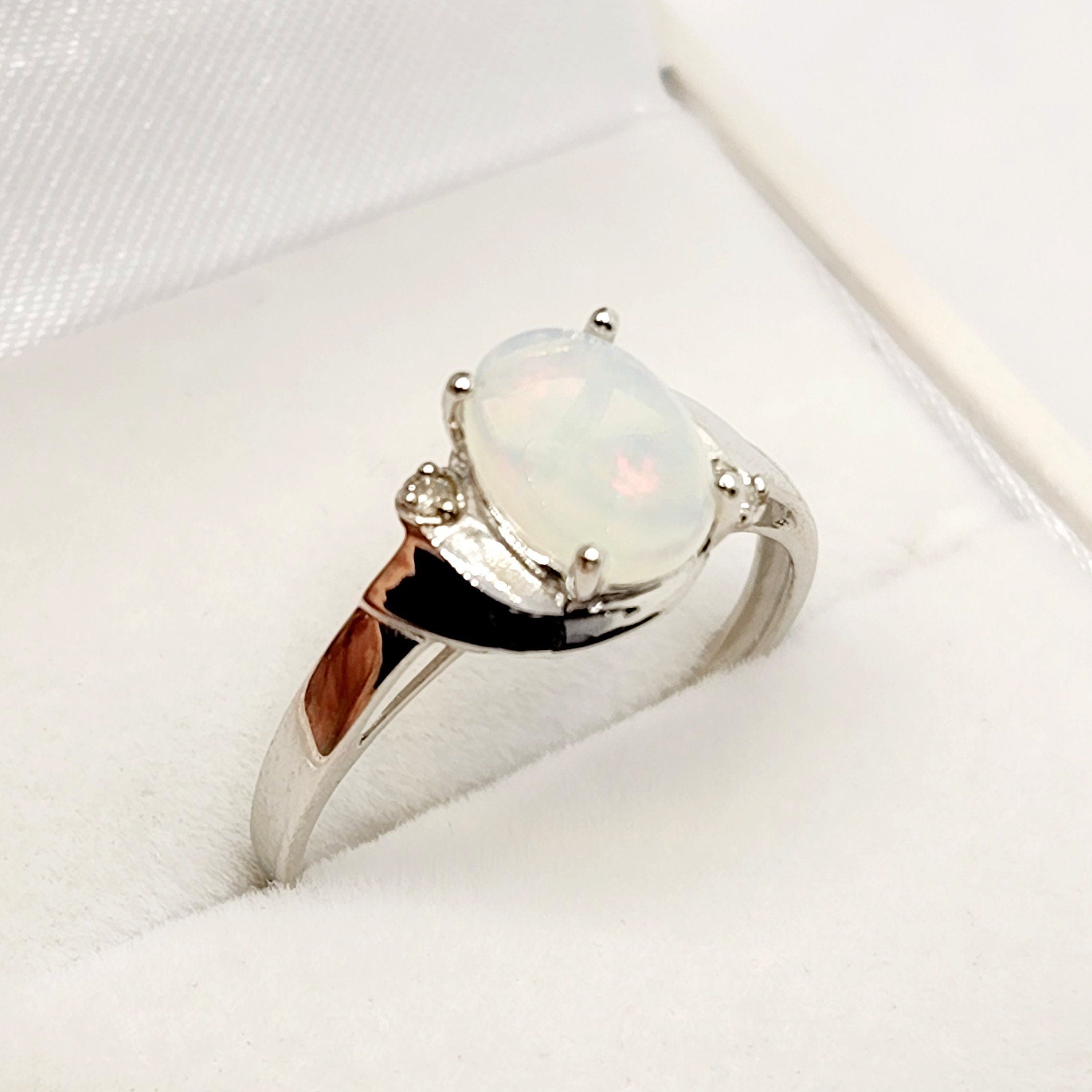 Gold Opal Ring, 10K White Gold Oval Genuine Opal 8x6mm with Diamond Ring, October Birthstone, Gemstone Rings, Engagement Rings For Women