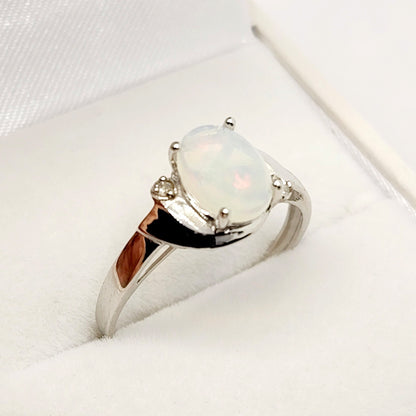 Gold Opal Ring, 10K White Gold Oval Genuine Opal 8x6mm with Diamond Ring, October Birthstone, Gemstone Rings, Engagement Rings For Women
