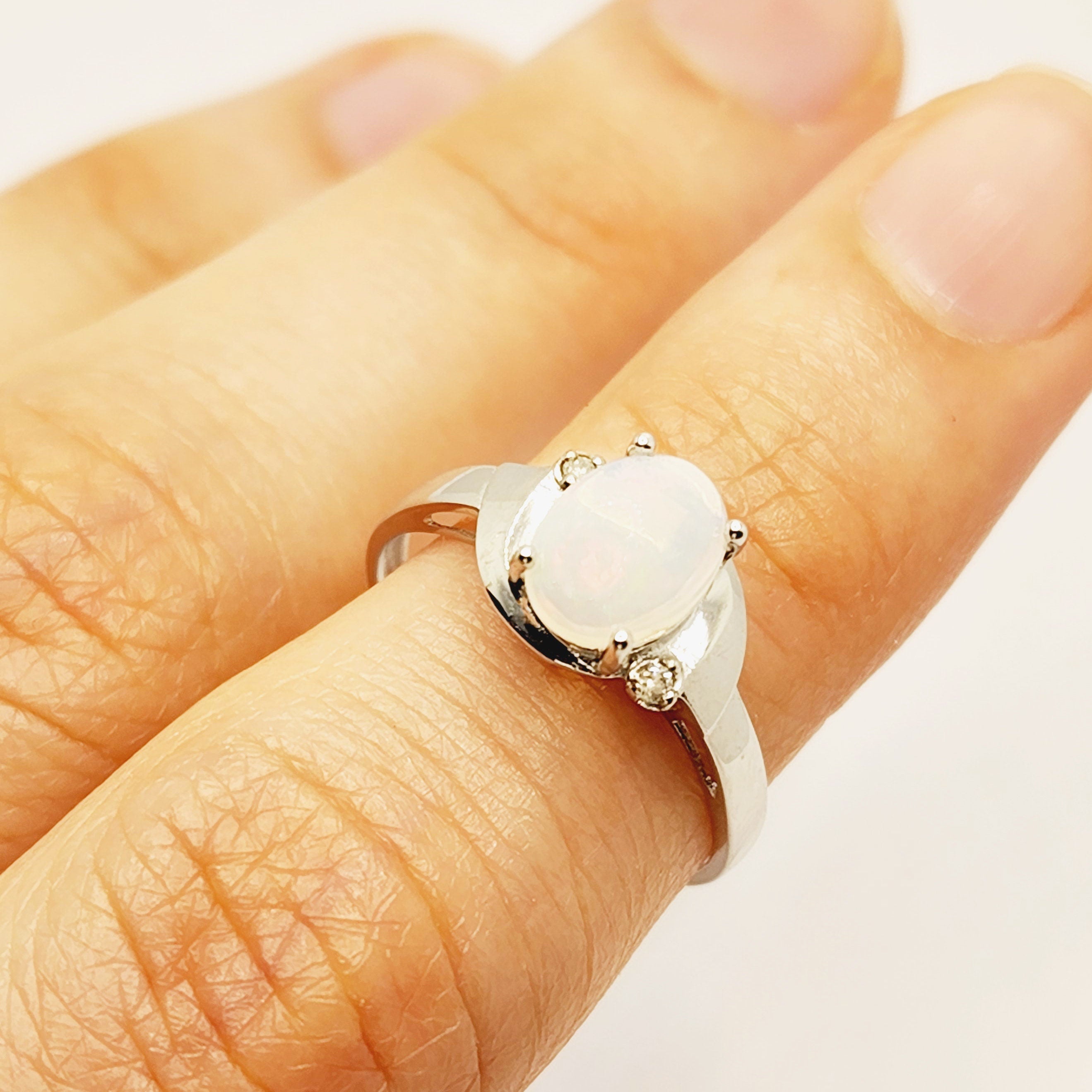 Gold Opal Ring, 10K White Gold Oval Genuine Opal 8x6mm with Diamond Ring, October Birthstone, Gemstone Rings, Engagement Rings For Women