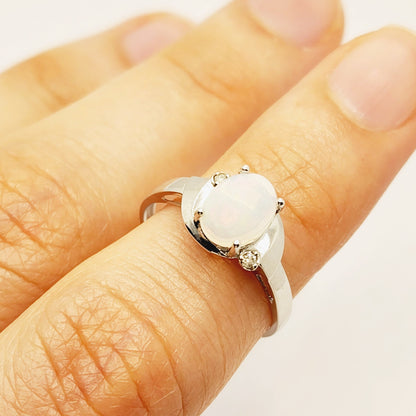 Gold Opal Ring, 10K White Gold Oval Genuine Opal 8x6mm with Diamond Ring, October Birthstone, Gemstone Rings, Engagement Rings For Women