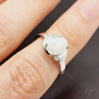 Gold Opal Ring, 10K White Gold Oval Genuine Opal 8x6mm with Diamond Ring, October Birthstone, Gemstone Rings, Engagement Rings For Women