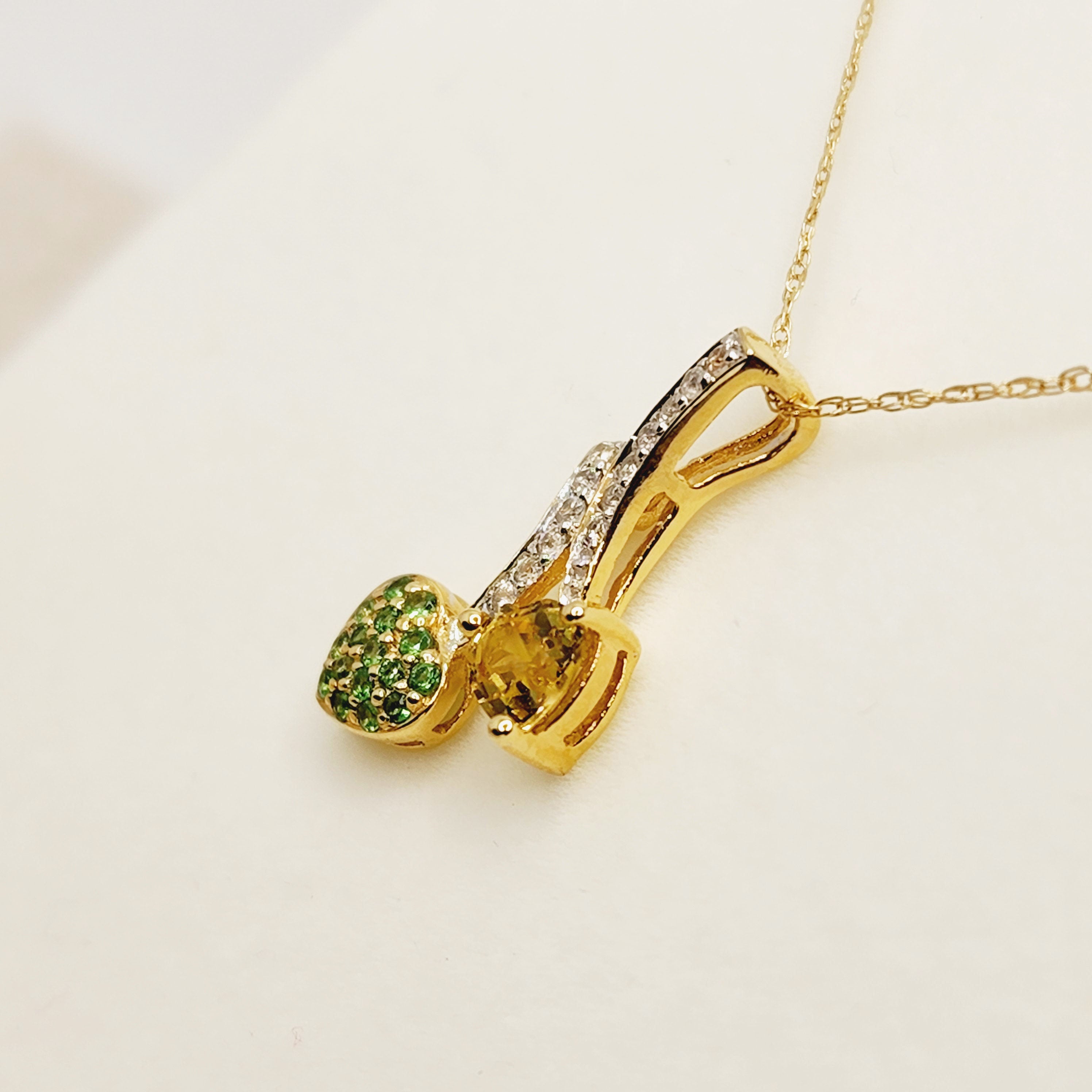 Gold Tsavorite and Sapphire Pendant | 10K Yellow Gold Tsavorite with Yellow and White Sapphire Pendant