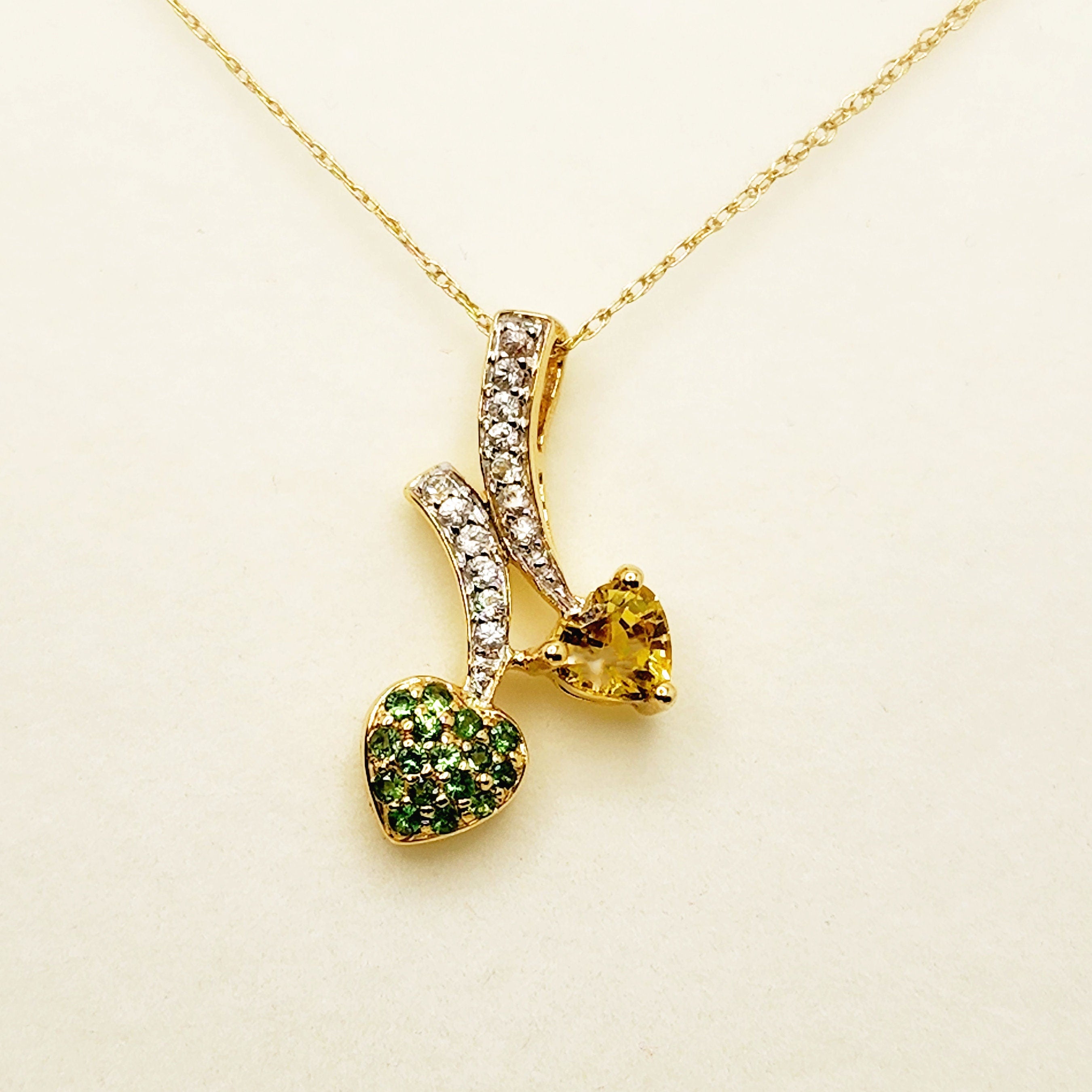 Gold Tsavorite and Sapphire Pendant | 10K Yellow Gold Tsavorite with Yellow and White Sapphire Pendant