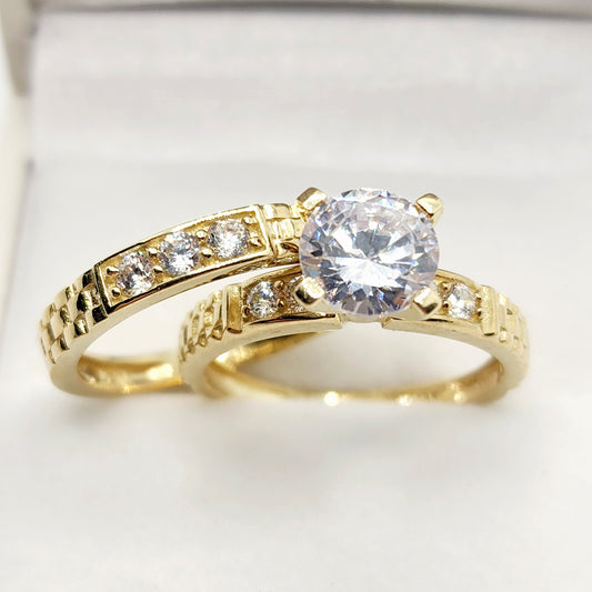 Gold Engagement Ring | 10K Yellow Gold Cubic Zirconia Set of Rings | Matching Ring Set