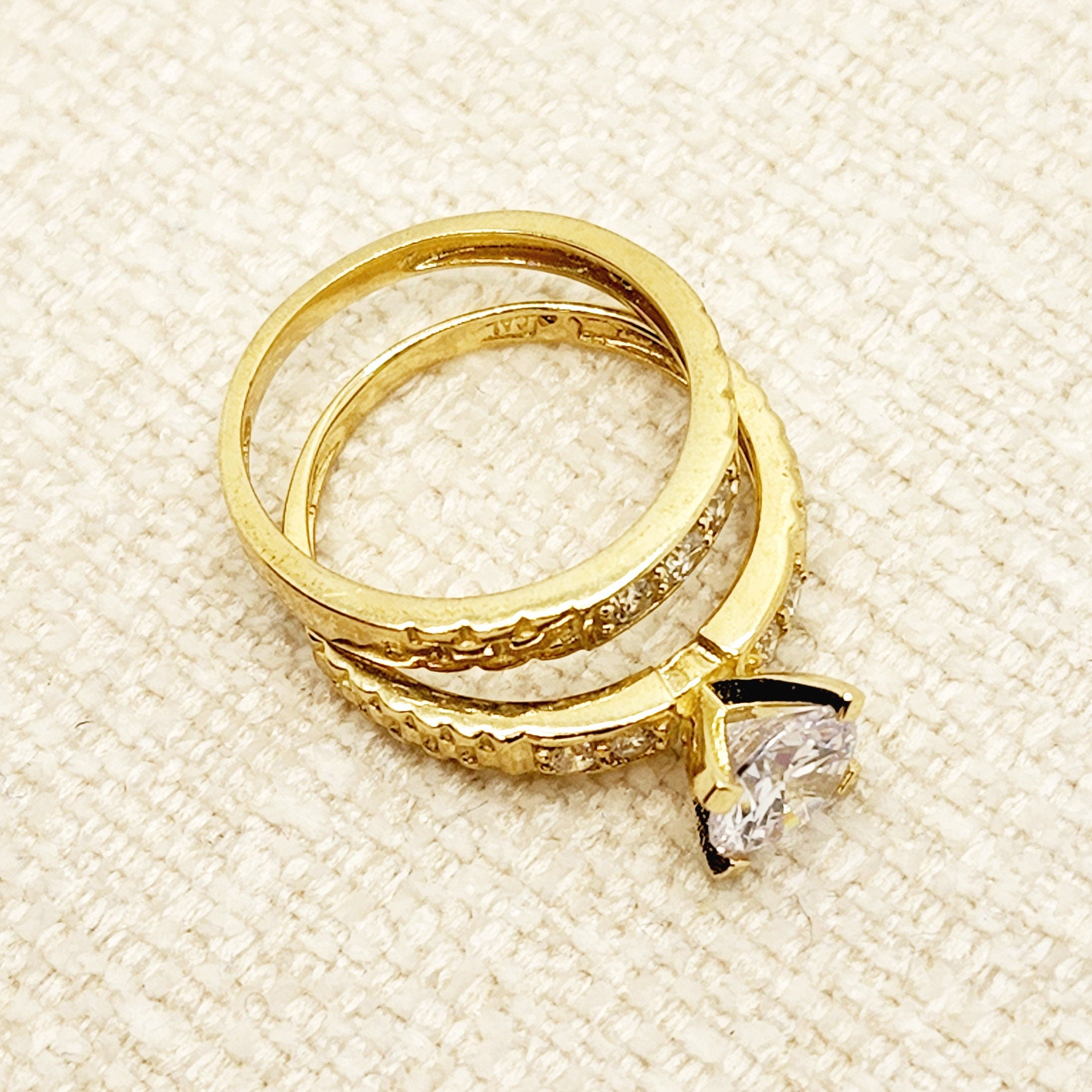 Gold Engagement Ring | 10K Yellow Gold Cubic Zirconia Set of Rings | Matching Ring Set