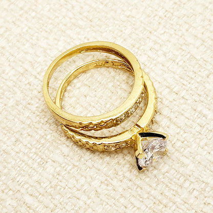 Gold Engagement Ring | 10K Yellow Gold Cubic Zirconia Set of Rings | Matching Ring Set