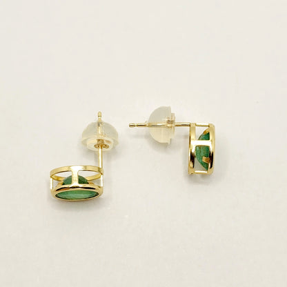 Gold Natural Emerald Stud Earrings , 14K Yellow Gold Emerald 7x5mm Bezel Stud Earrings, May Birthstone Jewelry, Genuine Emerald