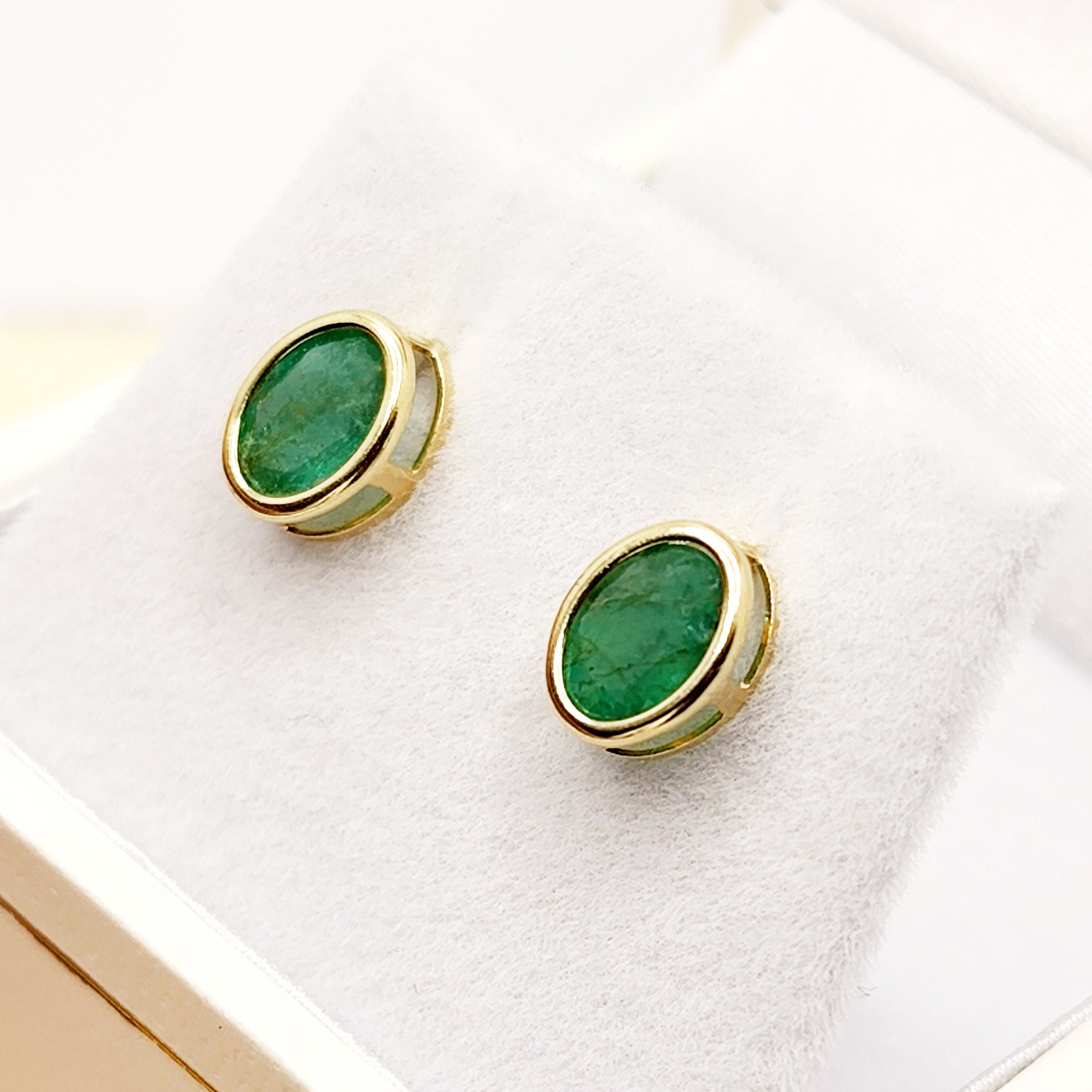 Gold Natural Emerald Stud Earrings , 14K Yellow Gold Emerald 7x5mm Bezel Stud Earrings, May Birthstone Jewelry, Genuine Emerald