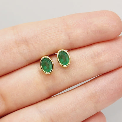 Gold Natural Emerald Stud Earrings , 14K Yellow Gold Emerald 7x5mm Bezel Stud Earrings, May Birthstone Jewelry, Genuine Emerald