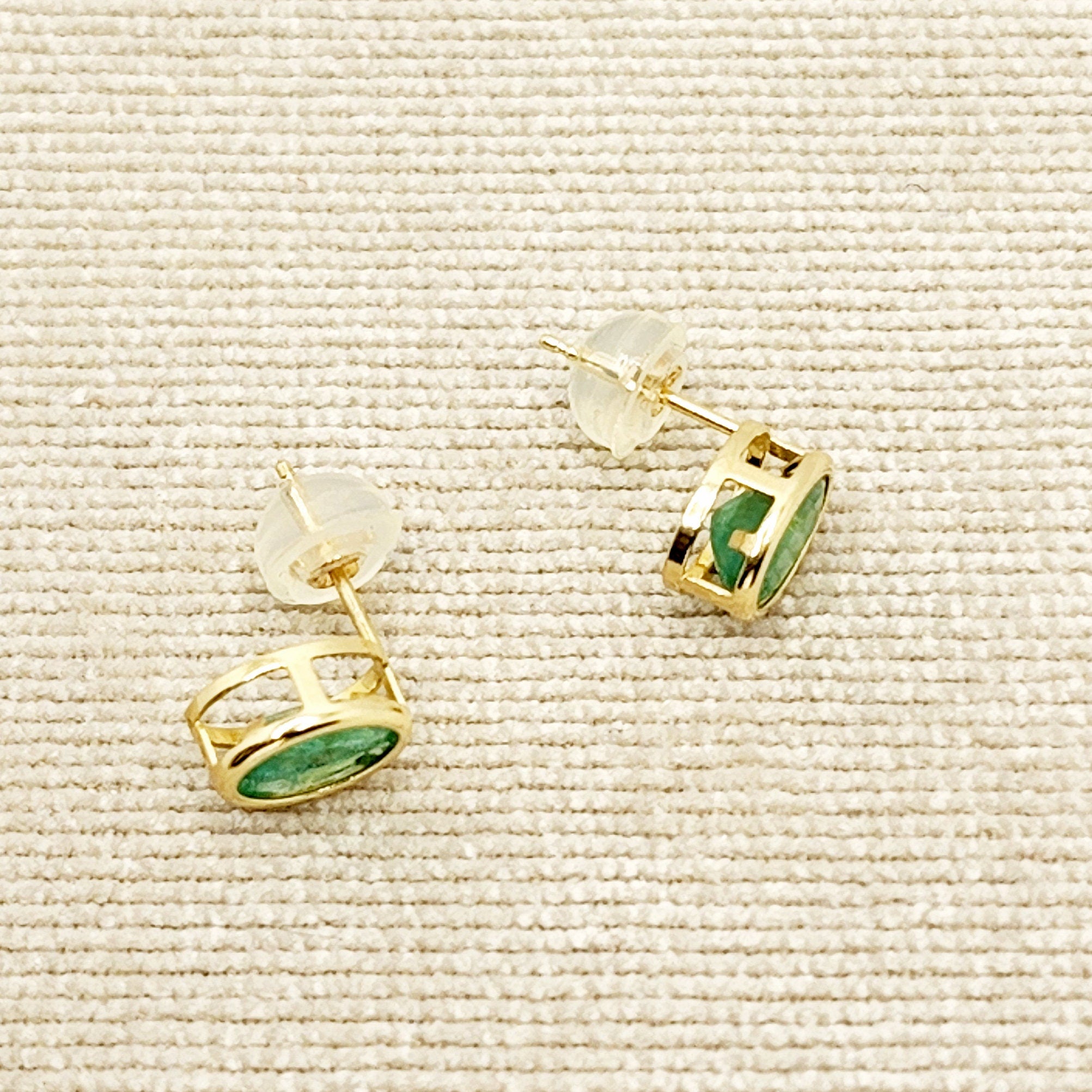 Gold Natural Emerald Stud Earrings , 14K Yellow Gold Emerald 7x5mm Bezel Stud Earrings, May Birthstone Jewelry, Genuine Emerald