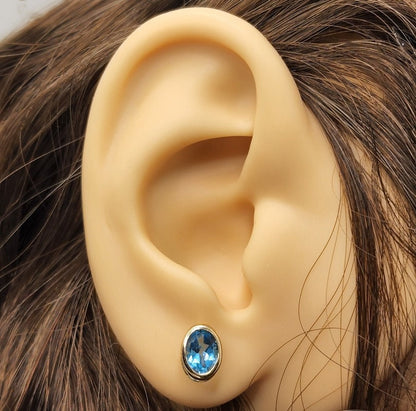 Gold Blue Topaz Bezel Stud Earrings, 14K Yellow Gold Genuine Blue Topaz 8x6mm Stud Earrings, Earrings For Women, Gift For Her