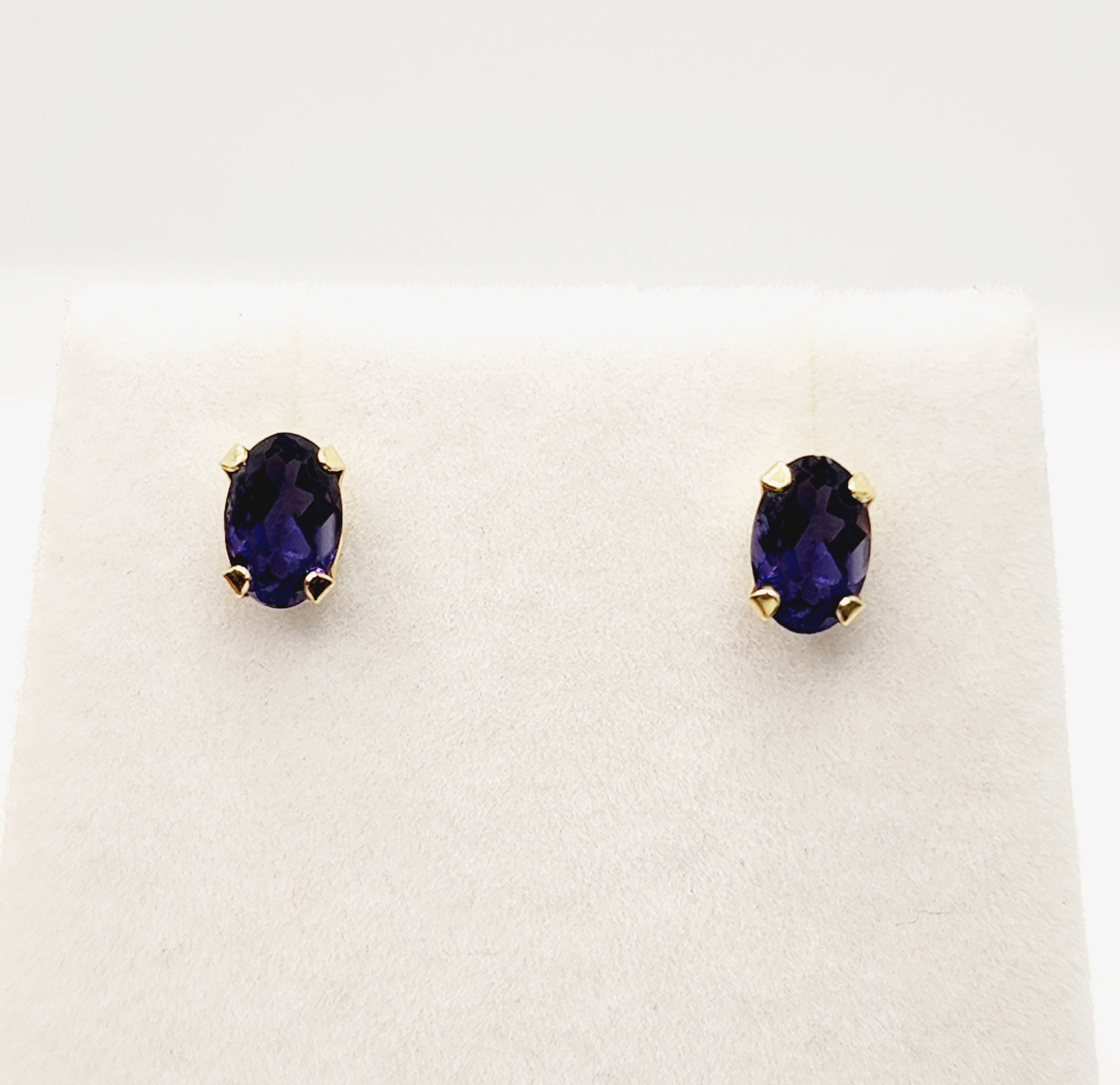 Gold Iolite Stud  Earrings | 14K Yellow Gold Iolite 6x4mm Stud Earrings