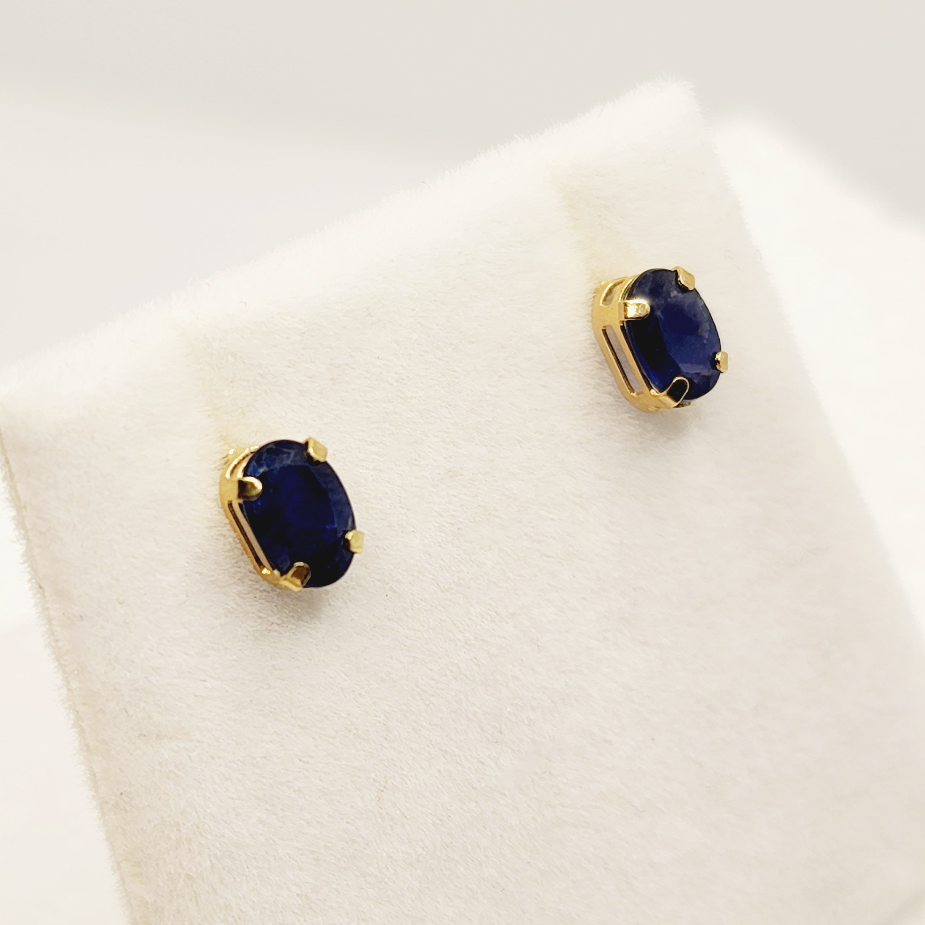 Gold Blue Sapphire Stud Earrings, 10K Yellow Gold Natural Blue Sapphire 6x4mm Stud Earrings, September Birthstone, Handmade Earrings