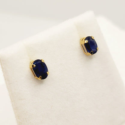 Gold Blue Sapphire Stud Earrings, 10K Yellow Gold Natural Blue Sapphire 6x4mm Stud Earrings, September Birthstone, Handmade Earrings