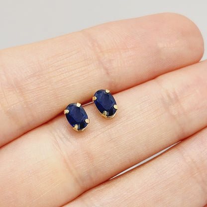Gold Blue Sapphire Stud Earrings, 10K Yellow Gold Natural Blue Sapphire 6x4mm Stud Earrings, September Birthstone, Handmade Earrings