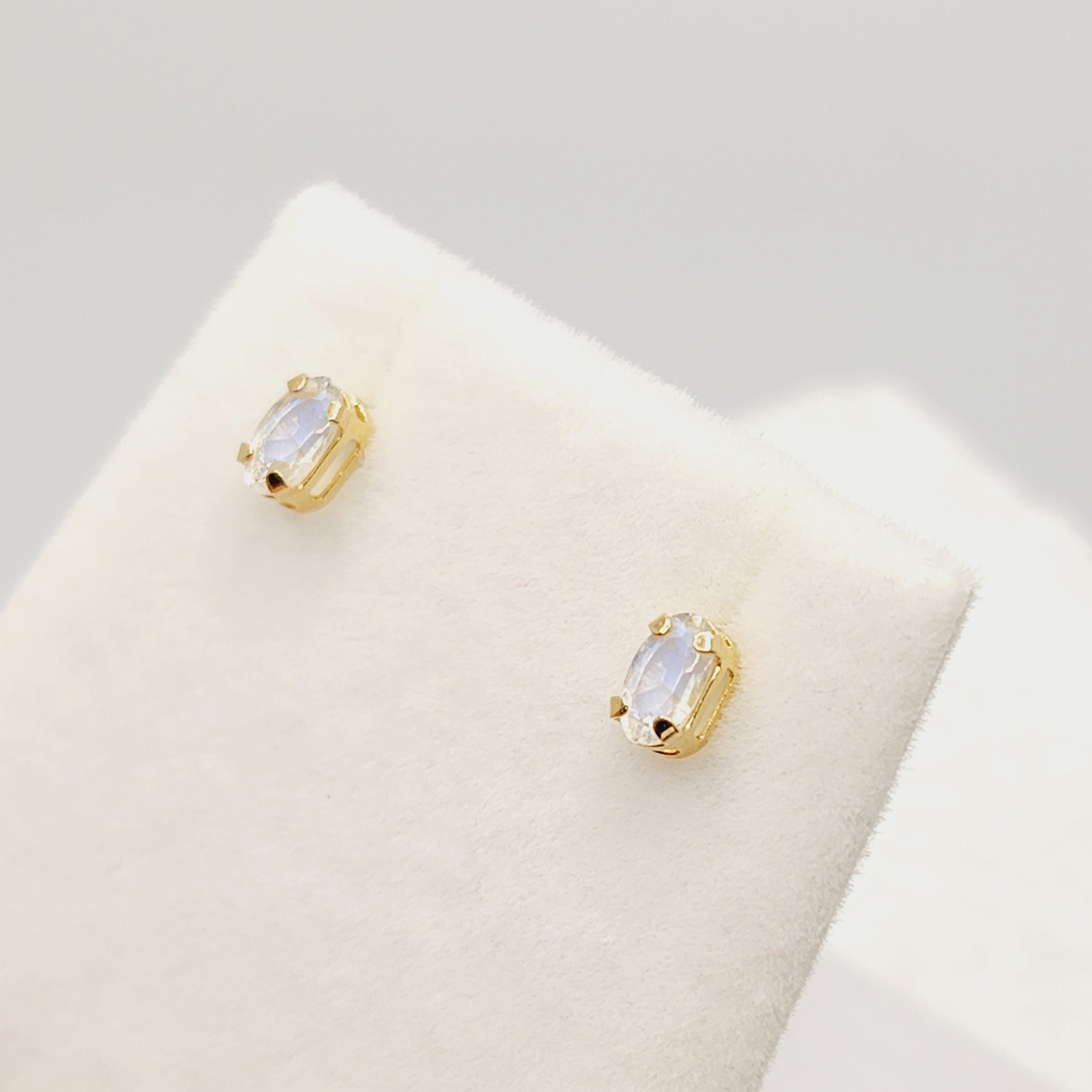 Gold Moonstone Stud Earrings, 10K Yellow Gold Genuine Moonstone 5x3mm Stud Earrings, Gift For Her