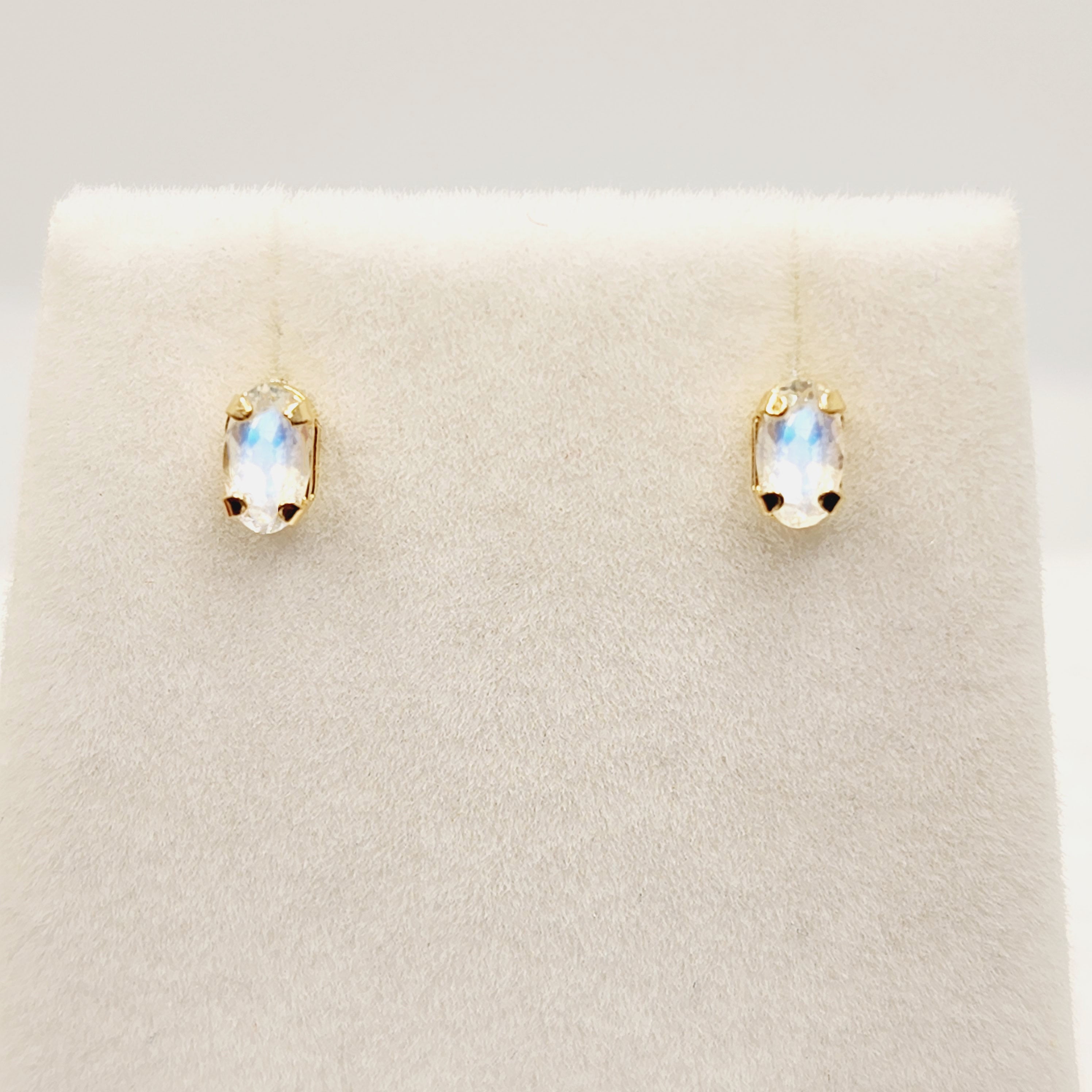 Gold Moonstone Stud Earrings, 10K Yellow Gold Genuine Moonstone 5x3mm Stud Earrings, Gift For Her