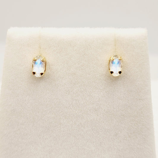Gold Moonstone Stud Earrings, 10K Yellow Gold Genuine Moonstone 5x3mm Stud Earrings, Gift For Her