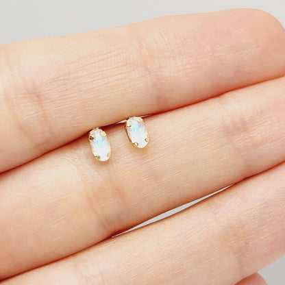 Gold Moonstone Stud Earrings, 10K Yellow Gold Genuine Moonstone 5x3mm Stud Earrings, Gift For Her