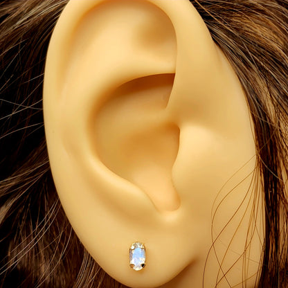 Gold Moonstone Stud Earrings, 10K Yellow Gold Genuine Moonstone 5x3mm Stud Earrings, Gift For Her