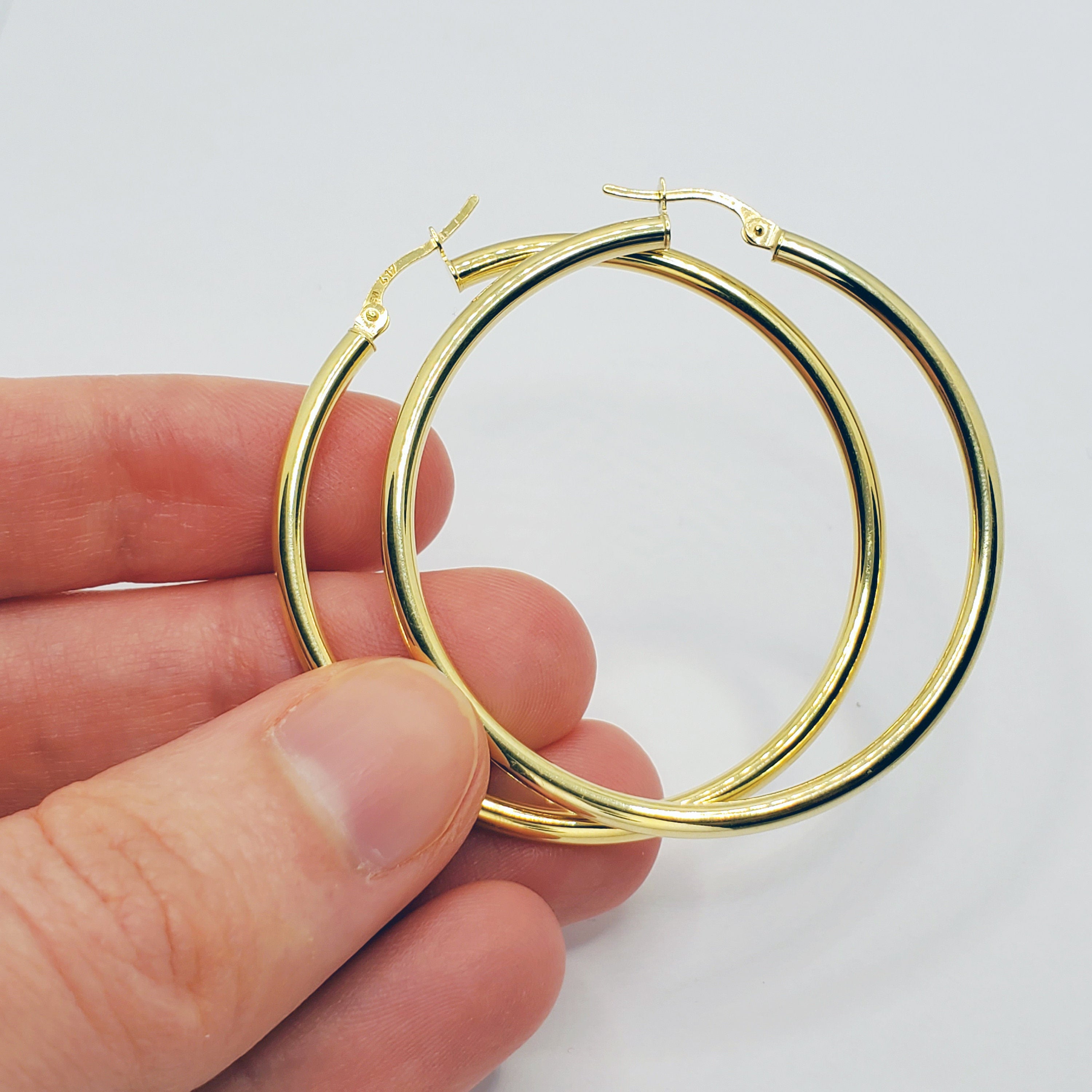 10K Yellow Gold Hoop Earrings, Large Thin Circle Hoops