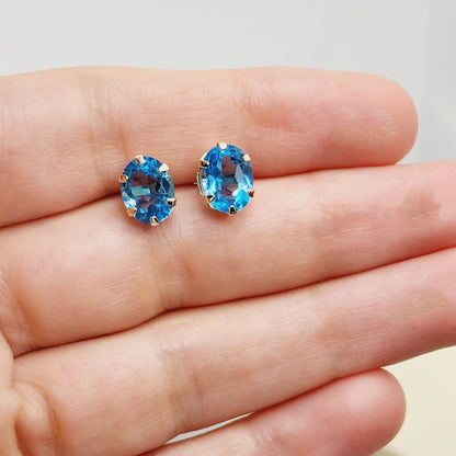 Blue Topaz  Earrings | 10K Yellow Gold Blue Topaz 9x7mm Stud Earrings