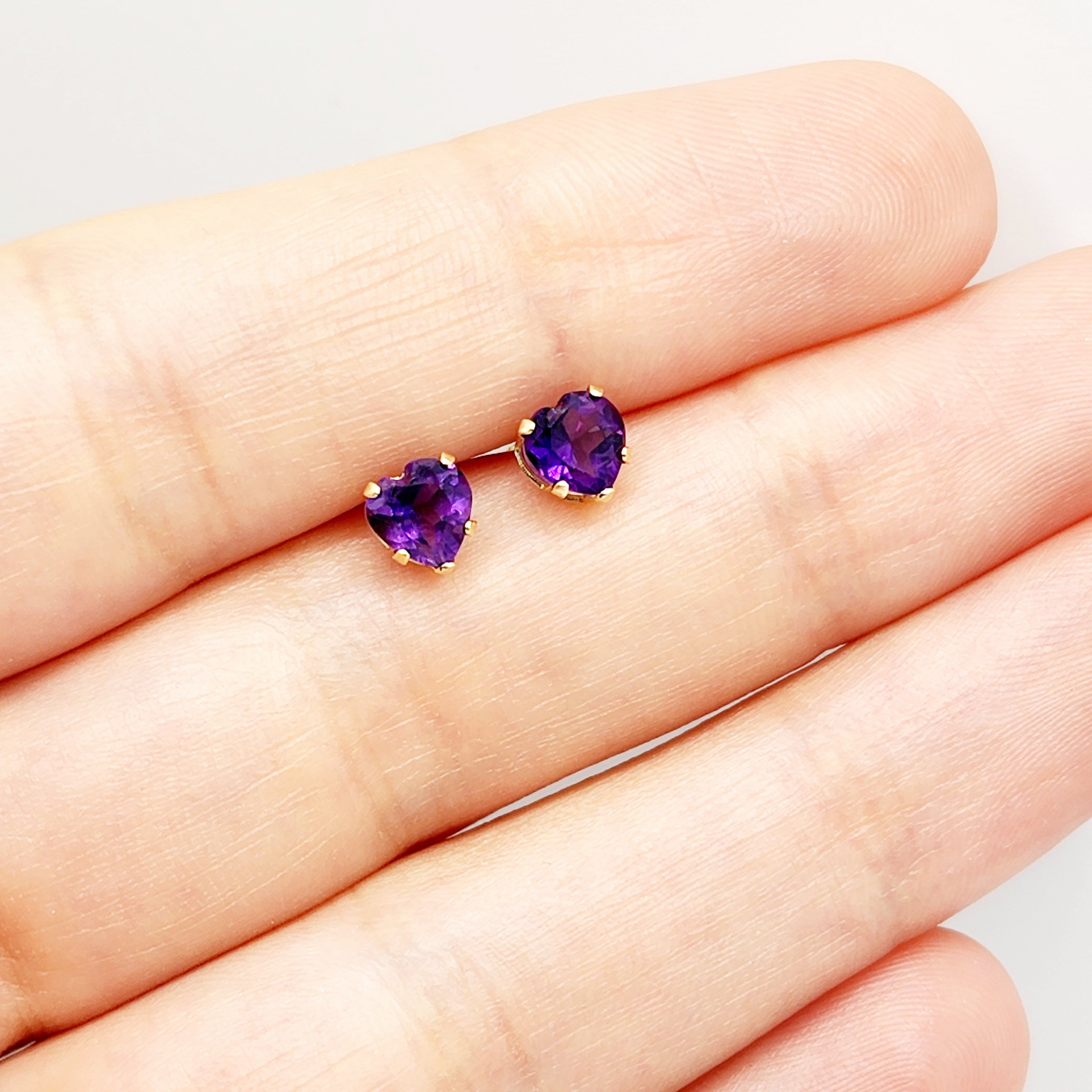 10K Yellow Gold Heart-Shaped Genuine Amethyst 5x5mm Stud Earrings, February Birthstone