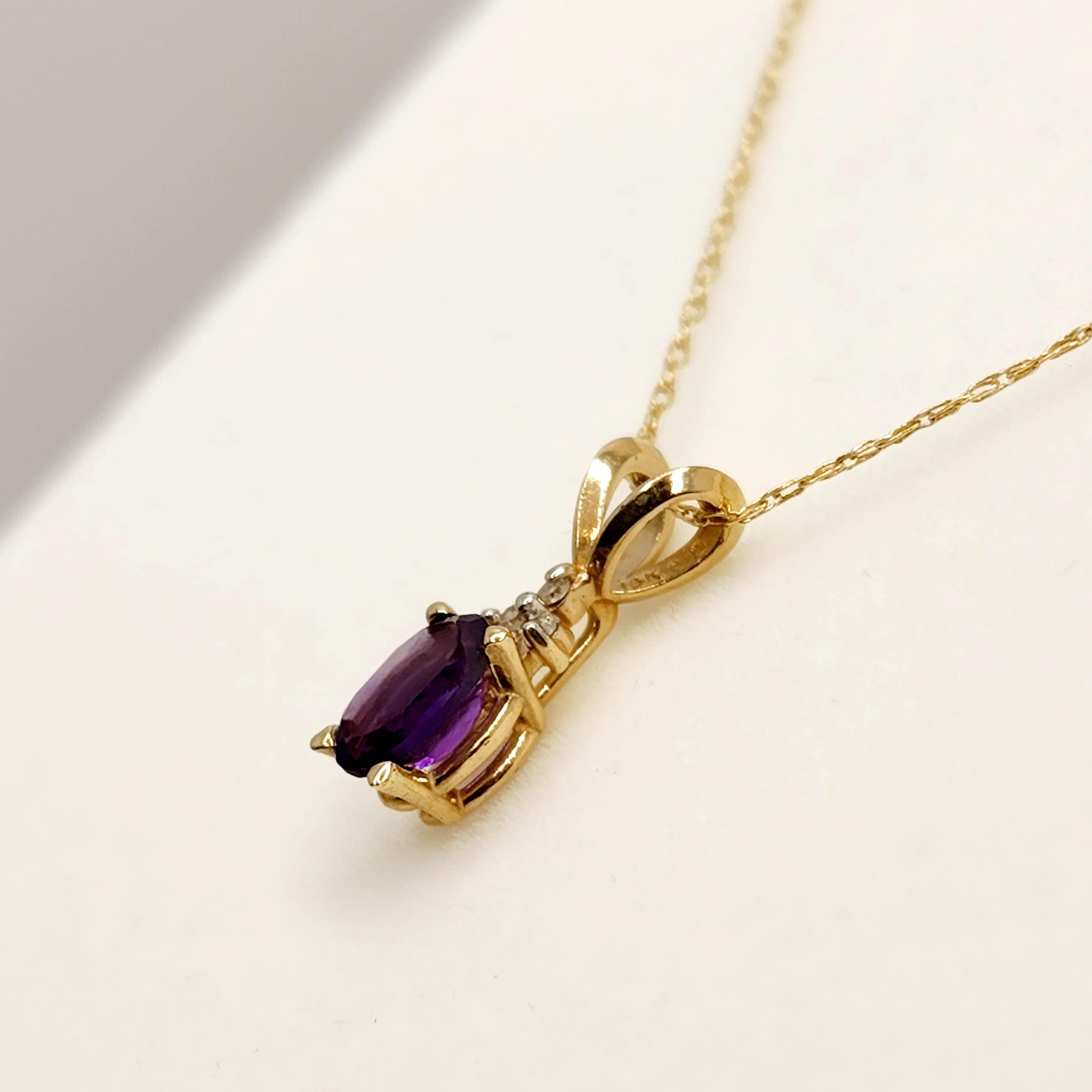 Gold Amethyst Pendant Necklace, 10K Yellow Gold Genuine Amethyst 6x4mm With Diamonds Pendant