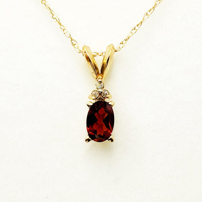 Gold Garnet Pendant Necklace, 10K Yellow Gold Genuine Garnet 6x4mm and Diamonds Pendant, January Birthstone, Red Garnet Jewelry