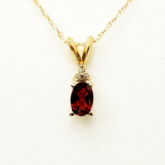 Gold Garnet Pendant Necklace, 10K Yellow Gold Genuine Garnet 6x4mm and Diamonds Pendant, January Birthstone, Red Garnet Jewelry
