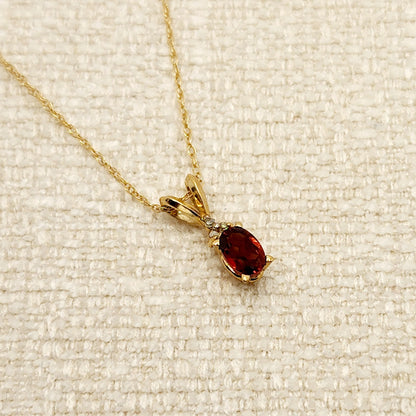 Gold Garnet Pendant Necklace, 10K Yellow Gold Genuine Garnet 6x4mm and Diamonds Pendant, January Birthstone, Red Garnet Jewelry