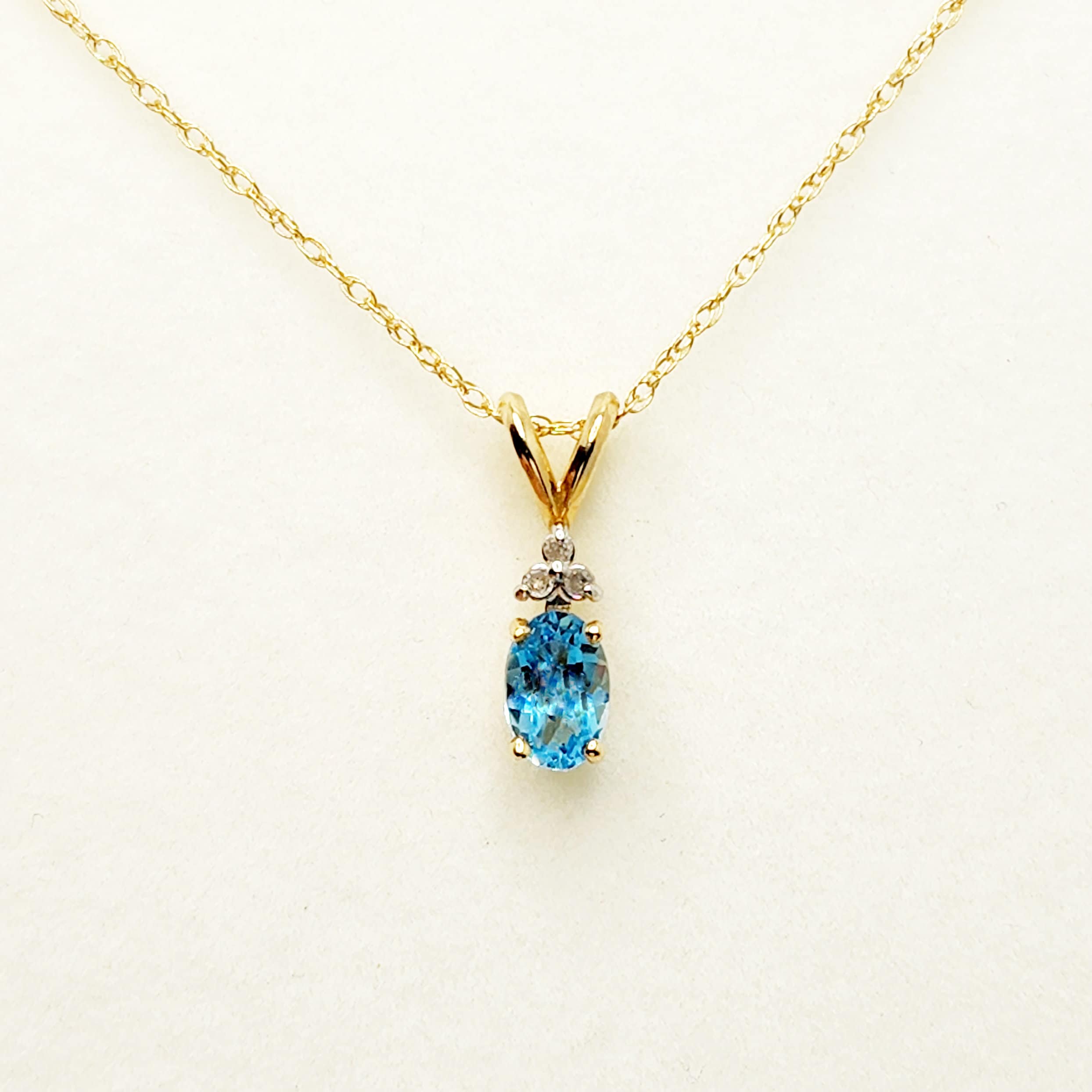Blue Topaz Pendant | 10K Yellow Gold Blue Topaz 6x4mm With 3 Diamonds Pendant | Gold Blue Topaz Necklace | December Birthstone Necklace