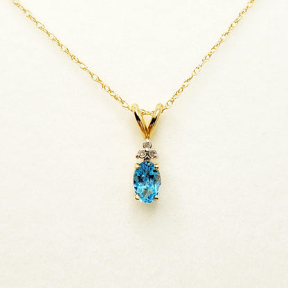 Blue Topaz Pendant | 10K Yellow Gold Blue Topaz 6x4mm With 3 Diamonds Pendant | Gold Blue Topaz Necklace | December Birthstone Necklace