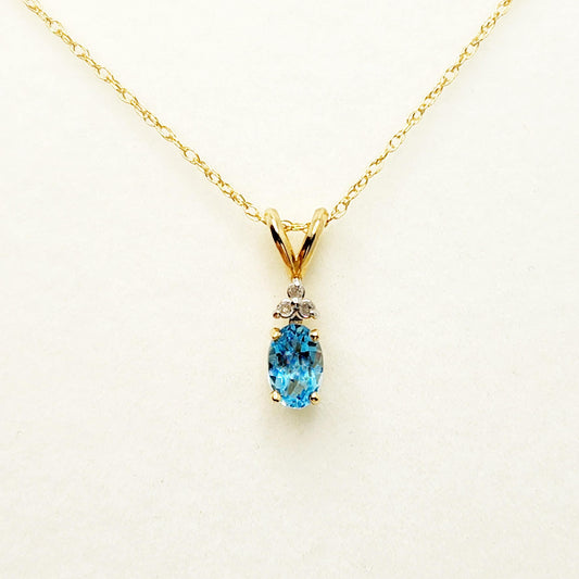 Blue Topaz Pendant | 10K Yellow Gold Blue Topaz 6x4mm With 3 Diamonds Pendant | Gold Blue Topaz Necklace | December Birthstone Necklace