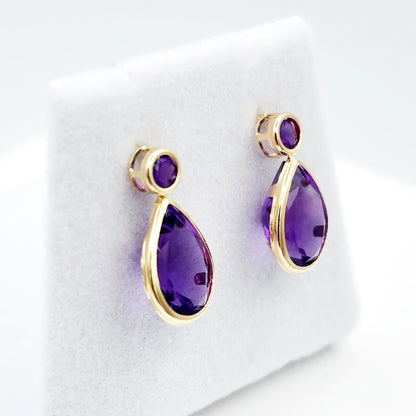 Gold Amethyst Stud Earrings, 14k Yellow Gold Teardrop Genuine Amethyst 4.7cts Stud Earrings, February Birthstone, Gemstone Earrings
