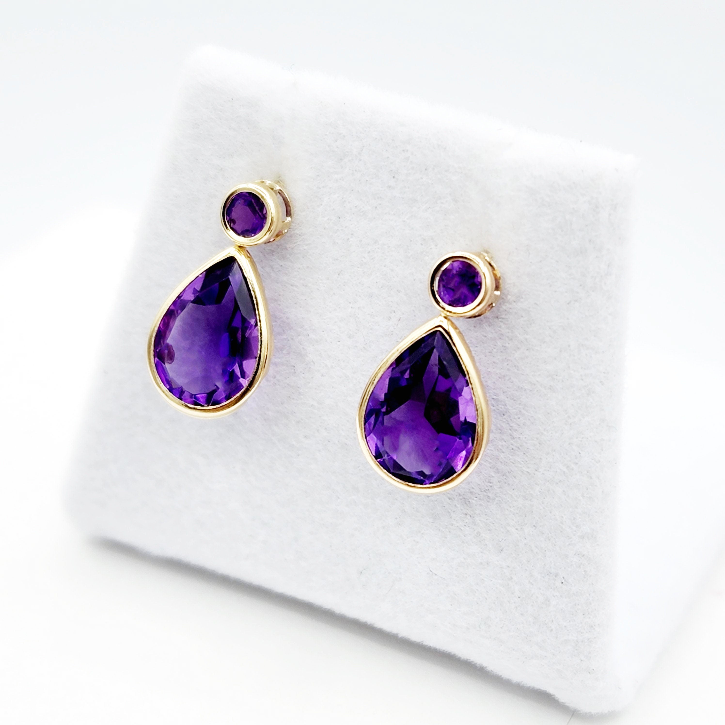 Gold Amethyst Stud Earrings, 14k Yellow Gold Teardrop Genuine Amethyst 4.7cts Stud Earrings, February Birthstone, Gemstone Earrings