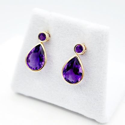Gold Amethyst Stud Earrings, 14k Yellow Gold Teardrop Genuine Amethyst 4.7cts Stud Earrings, February Birthstone, Gemstone Earrings