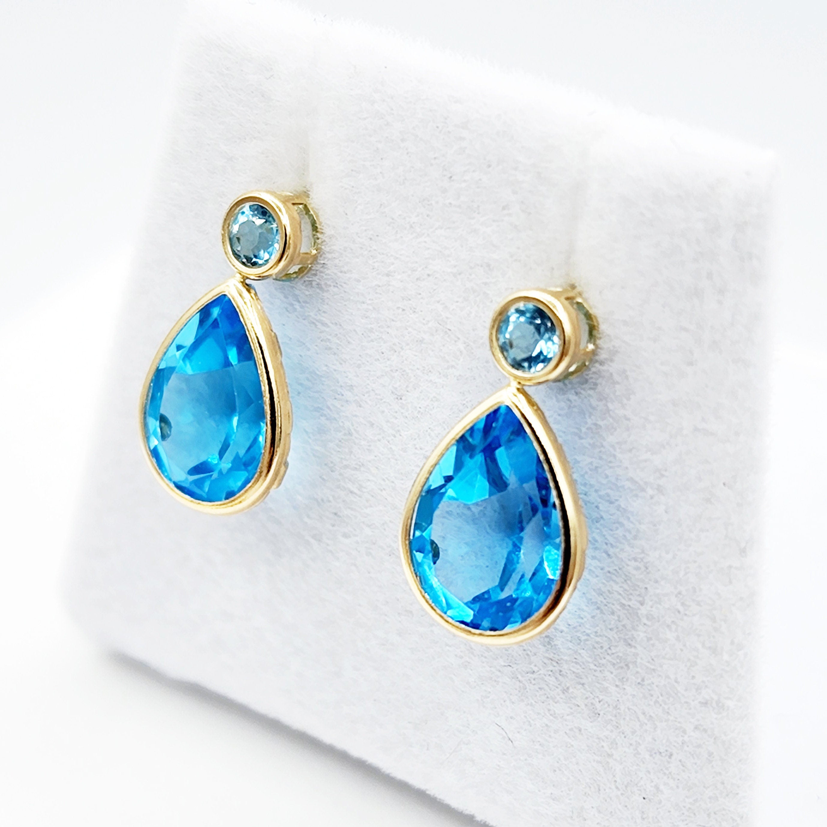 Gold Blue Topaz Stud Earrings, 14k Yellow Gold Teardrop Genuine Blue Topaz 4.7cts Stud Earrings, Gemstone Earrings, December Birthstone