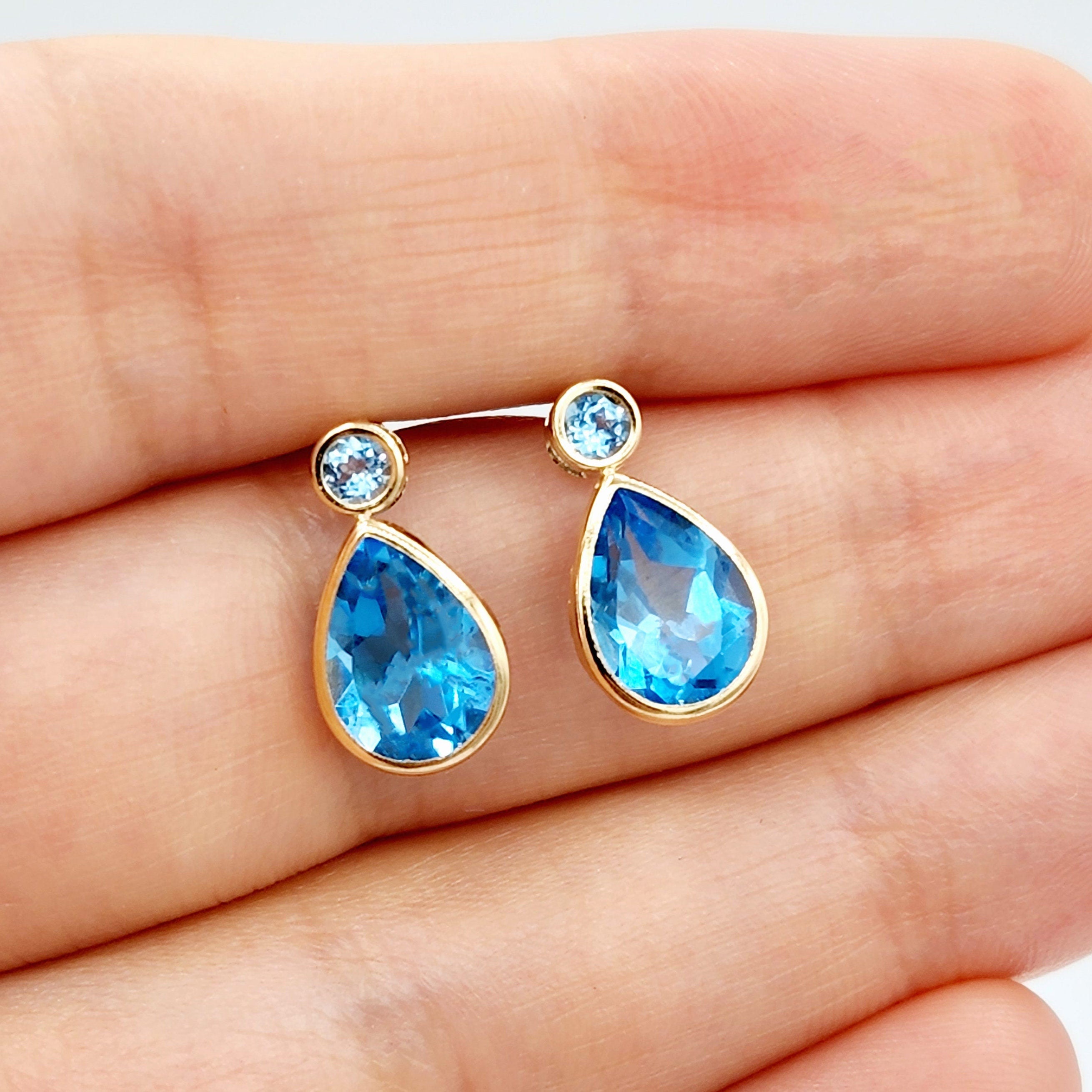 Gold Blue Topaz Stud Earrings, 14k Yellow Gold Teardrop Genuine Blue Topaz 4.7cts Stud Earrings, Gemstone Earrings, December Birthstone