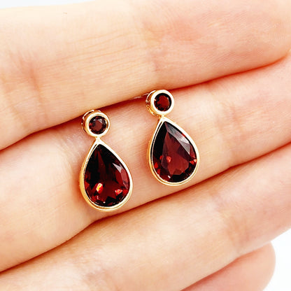 Gold Garnet Stud Earrings,  14k Yellow Gold Teardrop Genuine Garnet 4.7cts Stud Earrings, Birthstone Earrings, January Birthstone