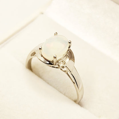 Gold Opal Ring, 10K White Gold Oval Genuine Opal 8x6mm with Diamond Ring, October Birthstone, Gemstone Rings, Engagement Rings For Women