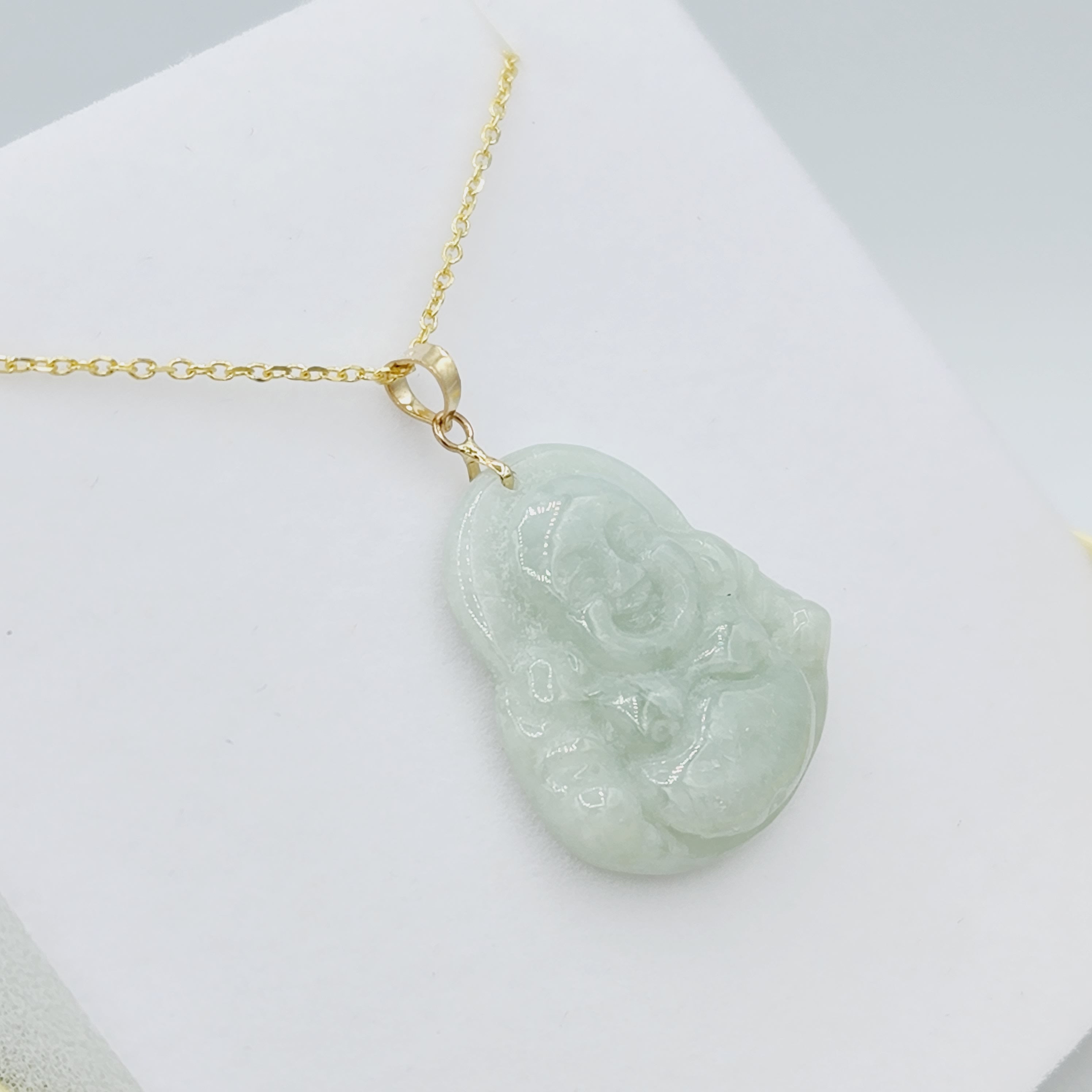 Gold Genuine Green Jade Buddha Pendant Necklace, 14K Yellow Gold Men's Laughing Buddha Green Jade Pendant, Jade Hand Crafted Necklace