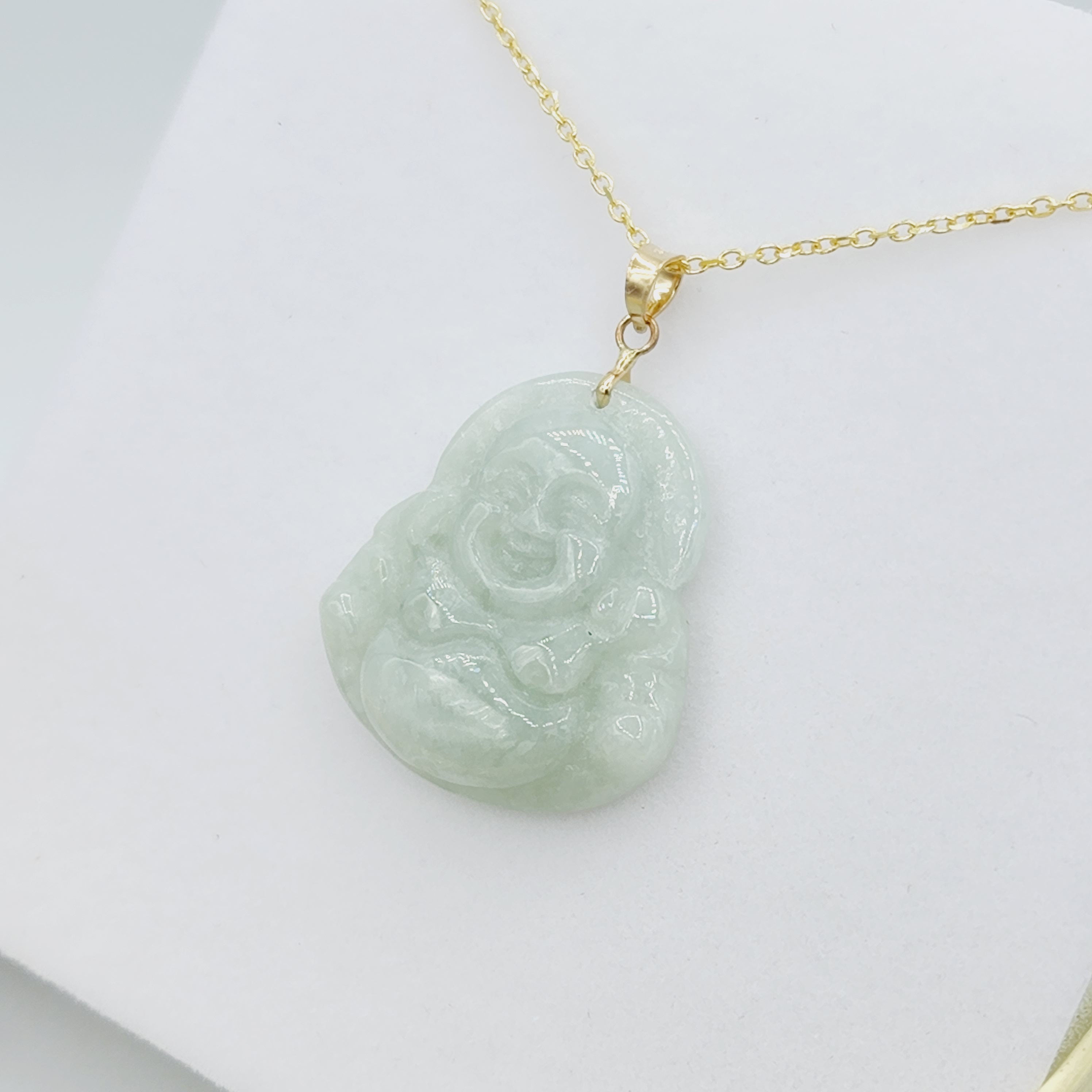 Gold Genuine Green Jade Buddha Pendant Necklace, 14K Yellow Gold Men's Laughing Buddha Green Jade Pendant, Jade Hand Crafted Necklace