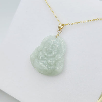 Gold Genuine Green Jade Buddha Pendant Necklace, 14K Yellow Gold Men's Laughing Buddha Green Jade Pendant, Jade Hand Crafted Necklace